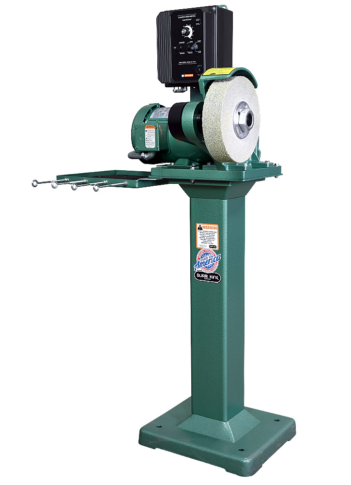 81110 model 800 polishing lathe / buffer / deburring machine with deburring wheel on 01 pedestal with the 760T-2 tool tray

120 volt variable speed 1.5 HP motor.
